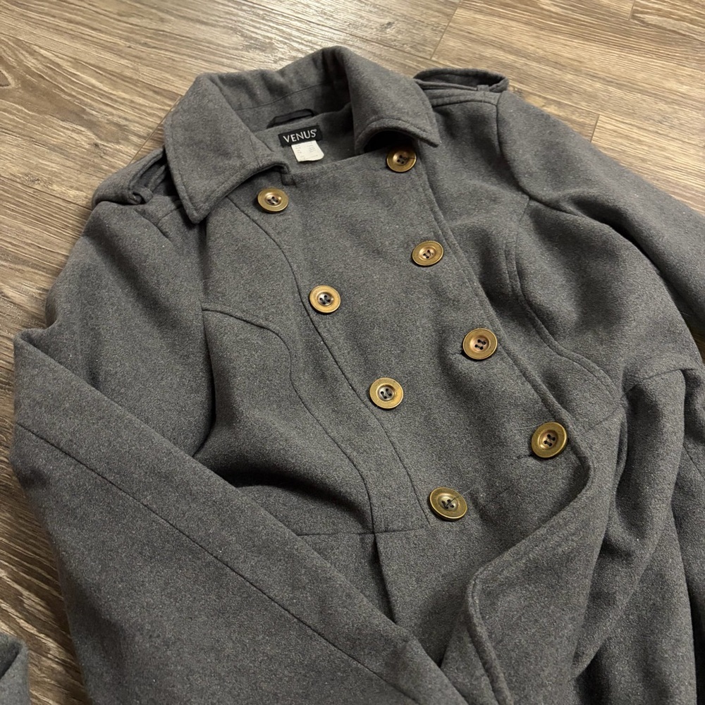 Y2K Vintage Venus Ruffle Hem Double Breasted Trench Coat (Charcoal Grey) Size L - Picture 2 of 7
